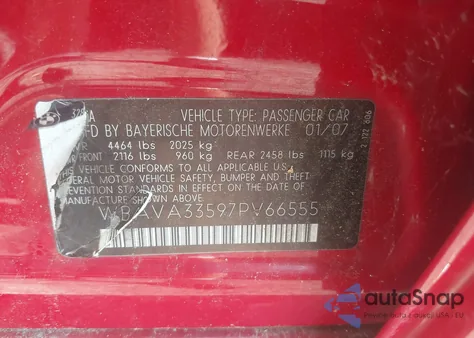 2007 BMW 328I из США, поврежденный, VIN WBAVA33597PV66555